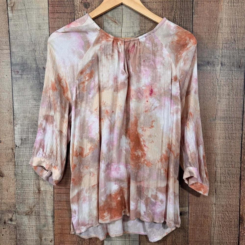 Maurices Watercolor Blouse Crinkle Earthy Rust Pink Balloon Sleeve 1X Plus